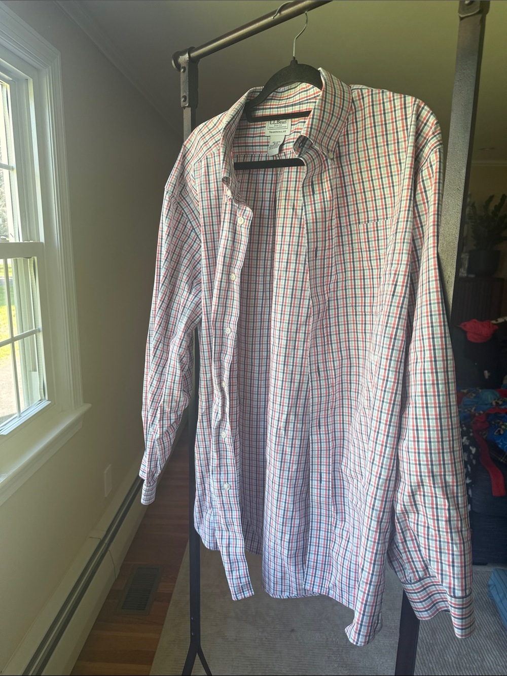 L.L. Bean Men's Button-Down Plaid Shirt - White with Red & Blue Grid
